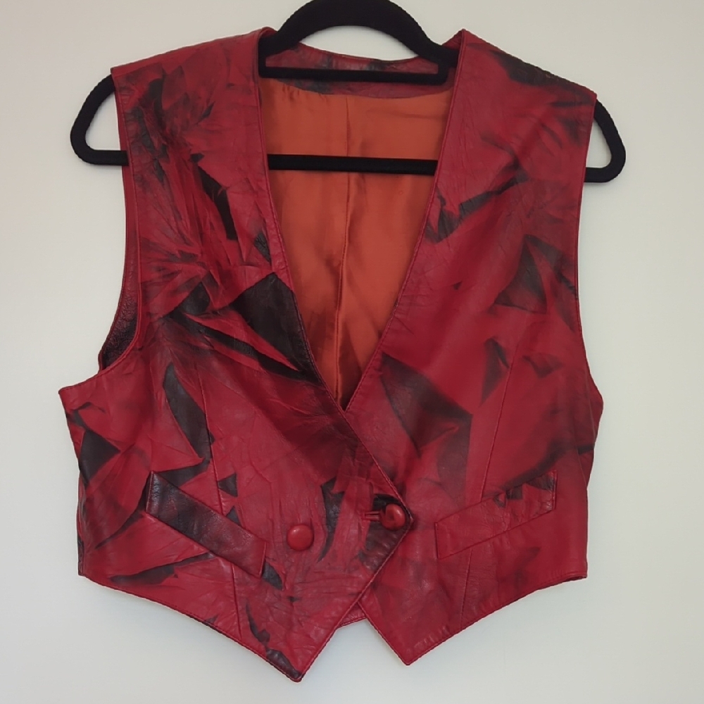 Vintage Red and Black Leather Abstract Vest